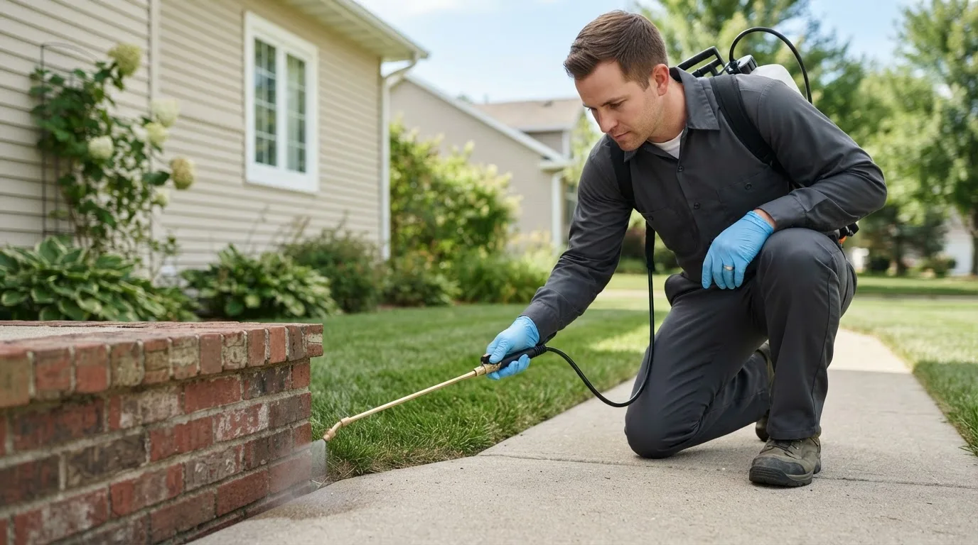 Pest control technician treating a home near Pataskala, OH